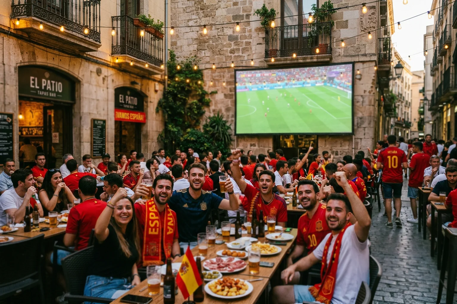 Aficionados españoles viendo un partido del Mundial de fútbol en una terraza con pantalla grande y ambiente festivo