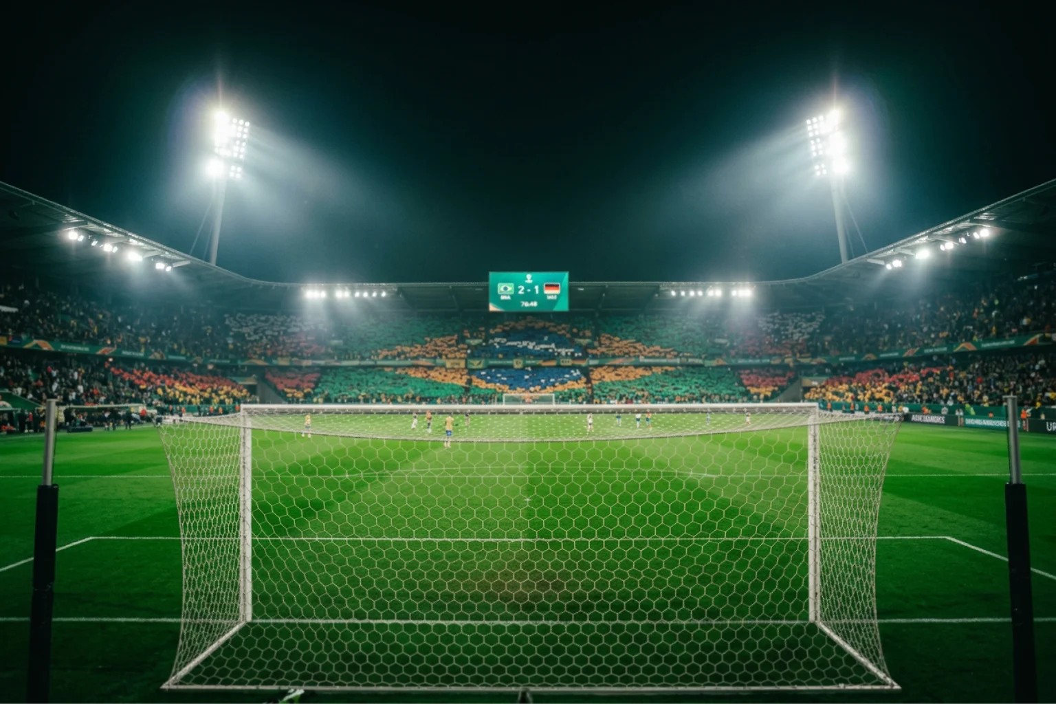 Campo de fútbol con marcador electrónico mostrando las banderas de los equipos del Grupo H del Mundial 2026 bajo los focos nocturnos