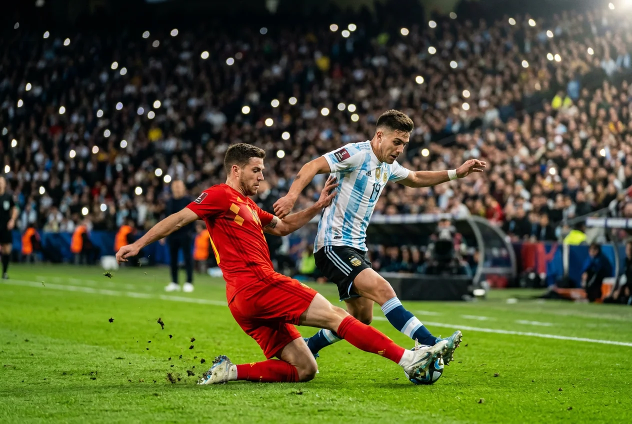 Jugadores de élite de las selecciones favoritas del Mundial 2026 en acción sobre el césped durante un partido internacional