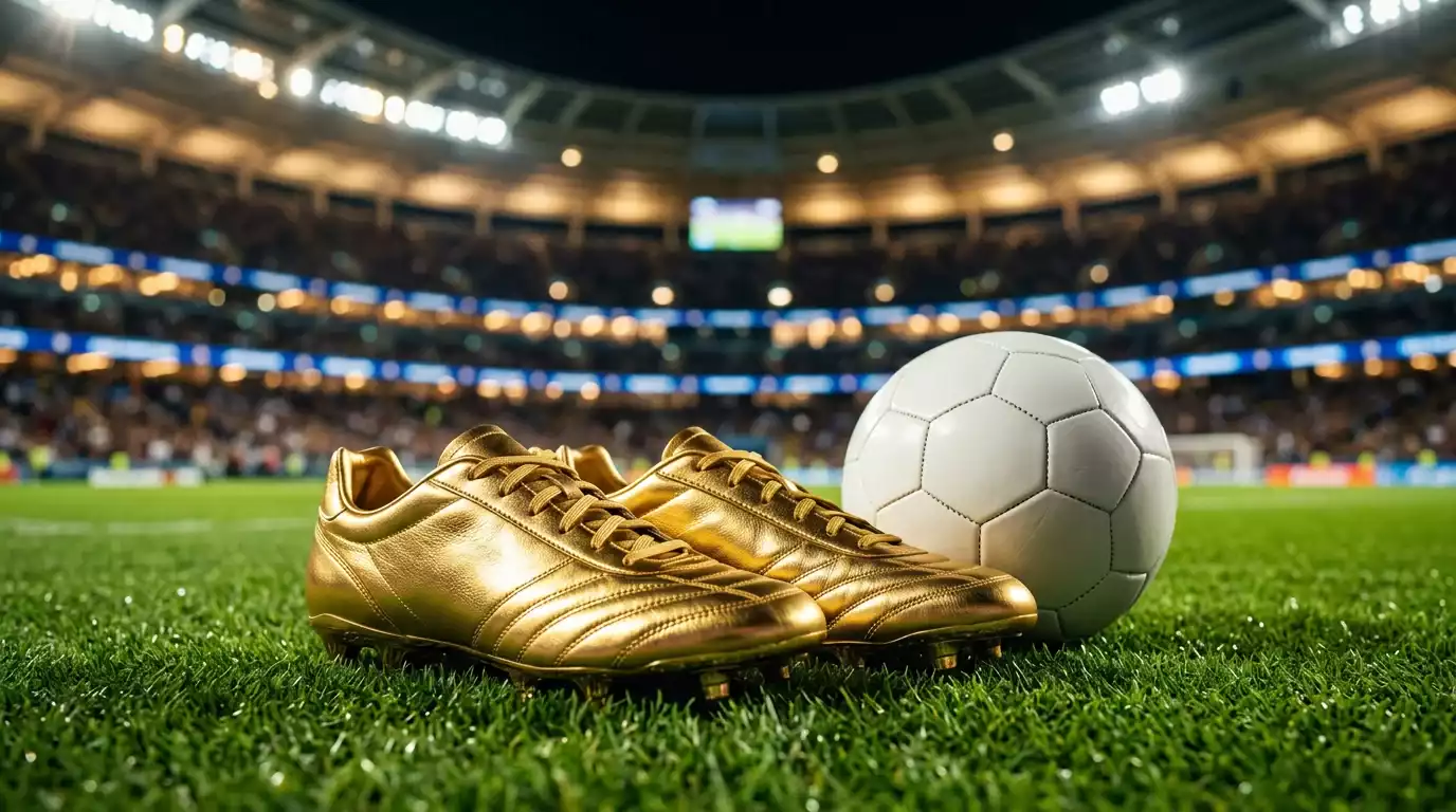 Botas de fútbol doradas sobre el césped de un estadio iluminado del Mundial 2026