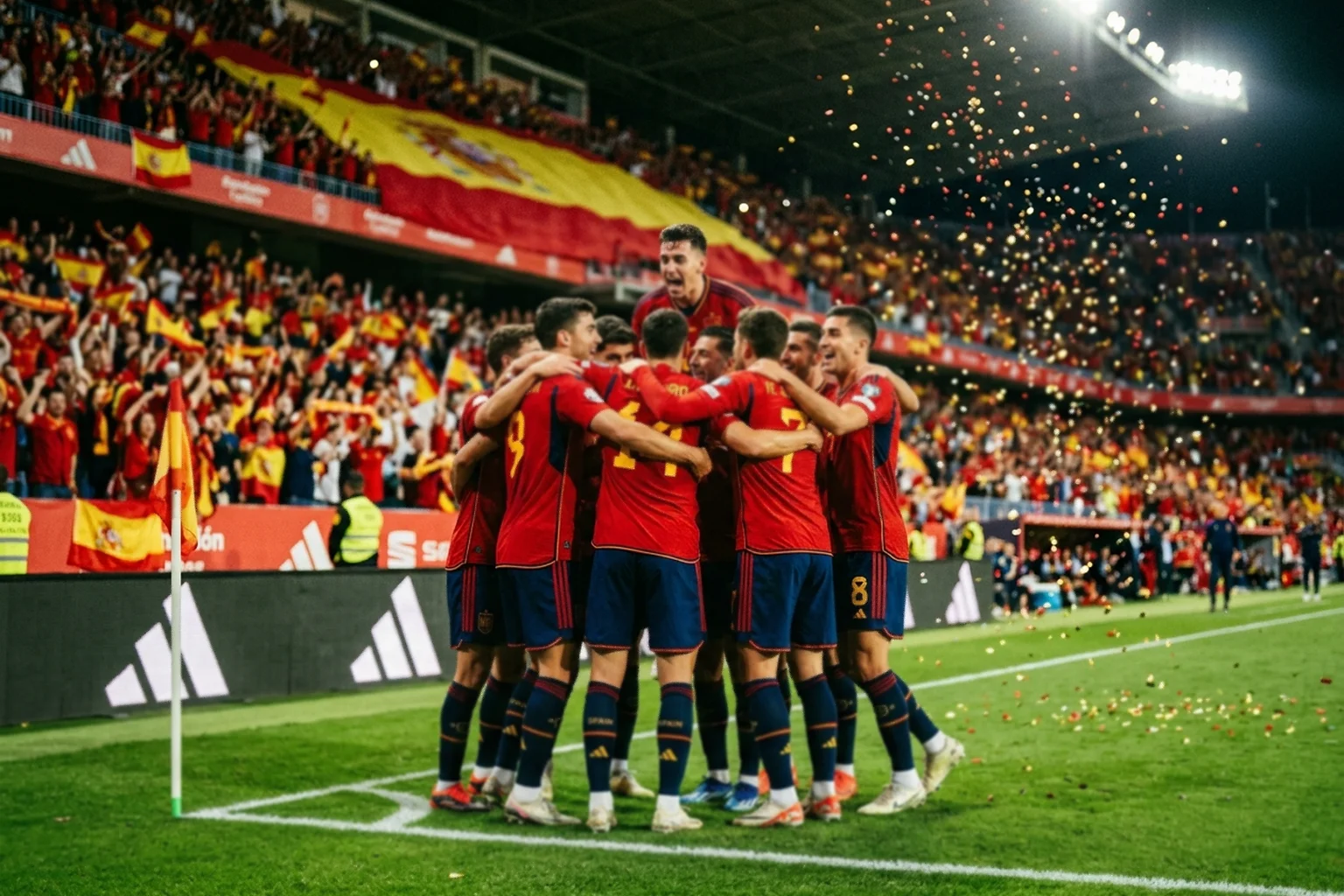 Jugadores de la selección española de fútbol celebrando un gol con la equipación roja en un gran torneo internacional